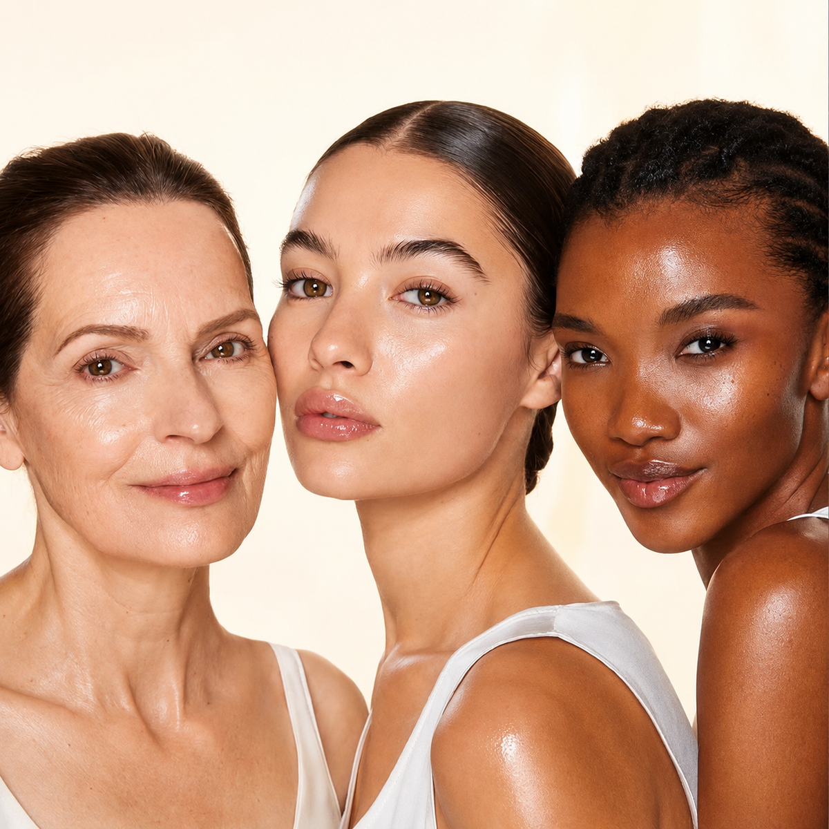 Three women with calm, healthy skin